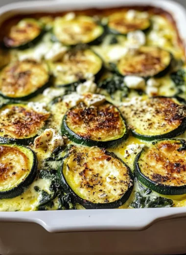 Zucchini Spinach Feta Casserole with a Golden Cheese Crust